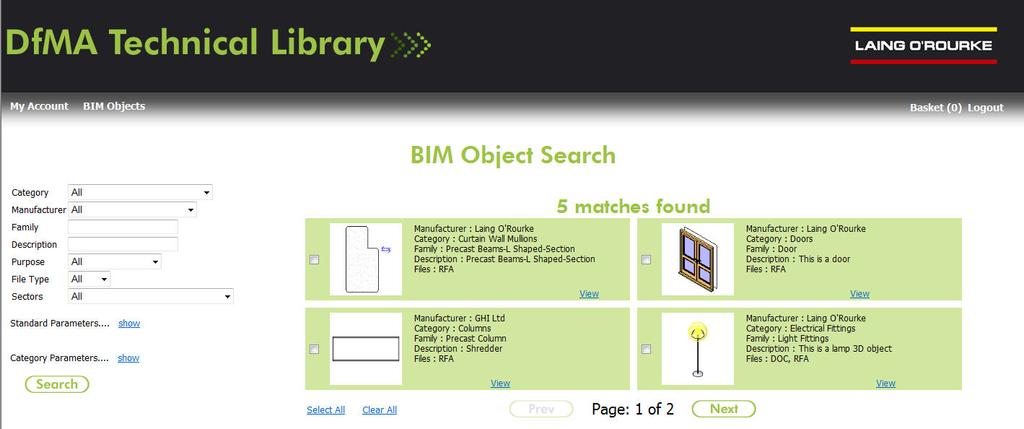 Searching for objects The system supports different types of object (initially the system has been configured with 4:- BIM Objects, Protocols, Design Guides and Engineering Guides), access to each