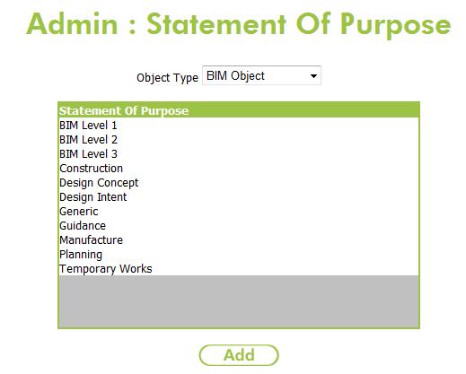 Statement of Purpose Statements of Purpose represent a reason an object may be used, for instance Construction, Design Intent and Manufacture etc Having selected Statement of Purpose as the Admin