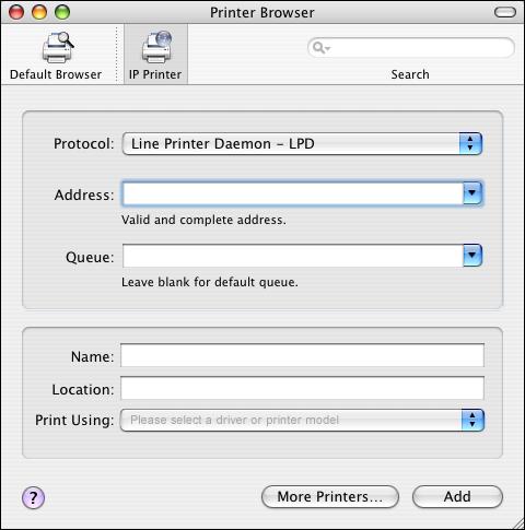 SETTING UP PRINTING ON MAC OS X 15 TO ADD A PRINTER WITH THE IP PRINTER CONNECTION 1 Click IP Printer in the Printer Browser dialog box. The IP Printer pane appears.