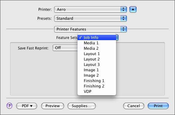 PRINTING FROM MAC OS X 26 20 Choose Printer Features to specify printer-specific options. Specify settings for each selection in the Feature Sets list.