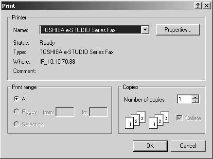 2. Select TOSHIBA e-studio Series Fax and Click [Properties]. The properties dialog box appears.