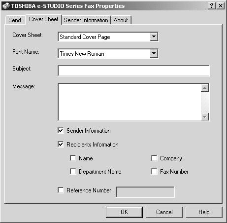 Setting up the Cover Sheet Properties In the Cover Sheet tab of the N/W-Fax properties dialog box, you can specify the fax cover sheet to be sent.