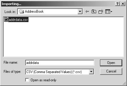 2. Locate the folder where the CSV file or vcard file is stored, and select the file type (CSV or vcard) in the Files of type drop down box. Then select the file and click [Open]. 3.