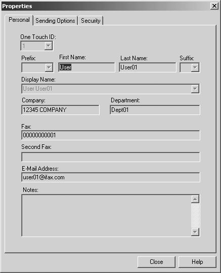 The Properties dialog box contains the Personal tab, Sending Options tab, and Security tab.