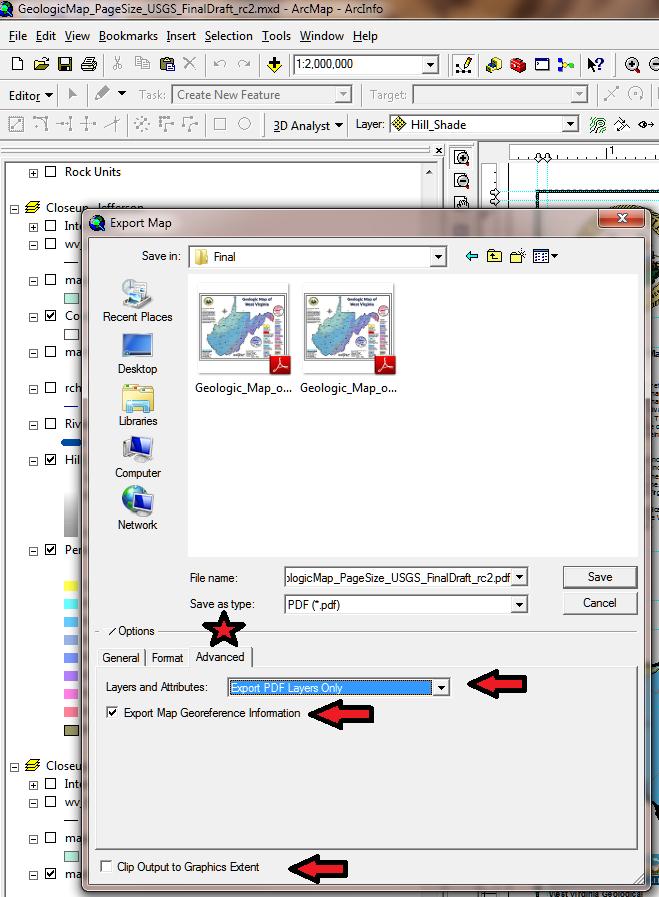 ArcMap: Export Map, Advanced Options Advanced Options: 1. Layer and Attributes: Choices are: None, Export PDF Layers Only, Export PDF Layers and Attributes.