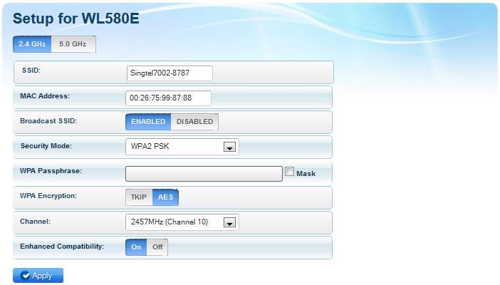 2. Determine your preferred wireless network then click its corresponding Connect button. You will then be redirected to the Wireless Setup page of your WL580E as seen below: 3.