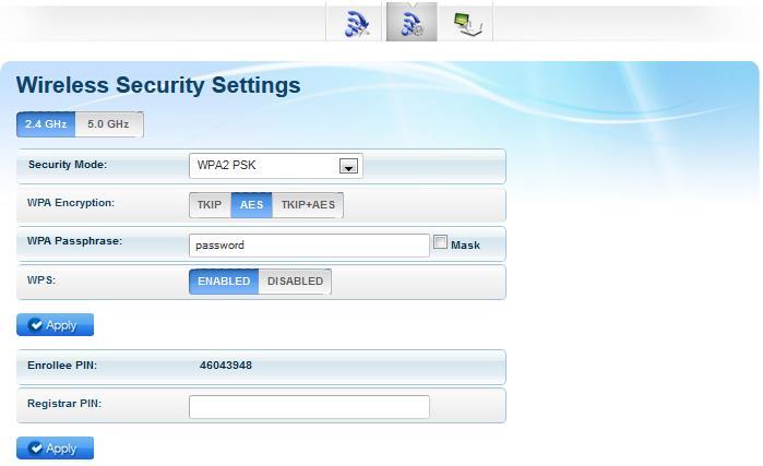 Wireless Security Settings The Wireless Security Settings page allows you to change the Security Mode, enable or disable the WPS feature of your WL580E, and add a WPS enabled device by entering the