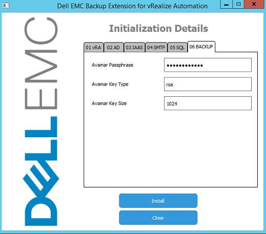 Backup Extension Figure 9 Initialization Details - BACKUP tab To complete the installation click Install.
