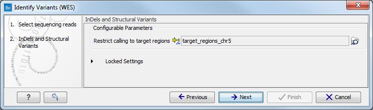 In our case, choose tumor_reads_chr5 (figure 1). Click Next. Figure 1: Select the sequencing reads. 3. In the Indels and structural variants window, select the target region.