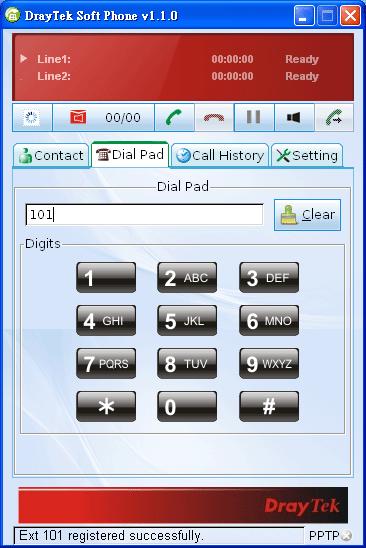 3. Click the Contact >>Dial Pad tab from the DrayTek Soft Phone dialog.