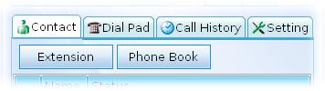 Contact The Contact tab includes Extension (displaying the subscribed BLF status of remote end), and Phone Book.