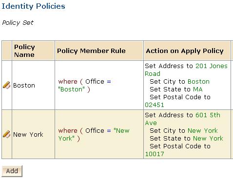 Identity Policies The following figure shows sample policies in the Employee Addresses identity policy set.