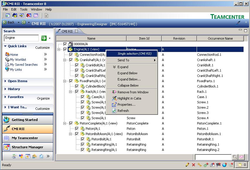 Pop-Up menus of CMI RII Items If you select an Item and drop it into, or Send it to the CMI RII application, a BOMLine will be created dynamically.