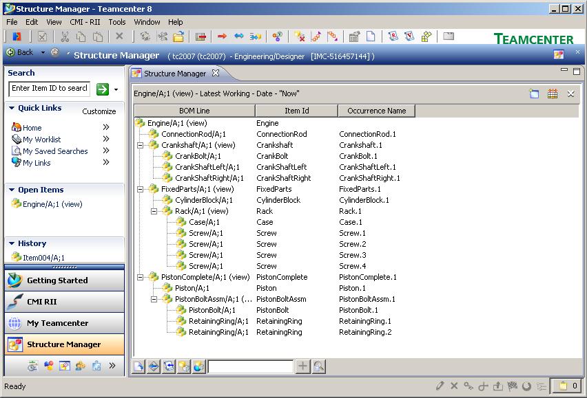 The figure below shows an example assembly with expanded items in the Structure Manager application browser.