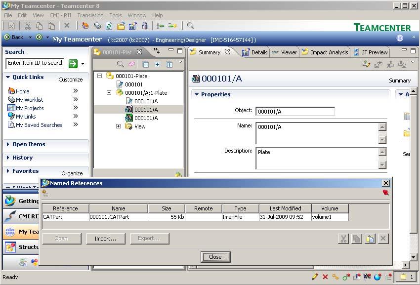 Figure 33: CMI RII application with complete Table Select the Plate and right click Send To My Teamcenter. Verify that the dataset and a named reference are added.