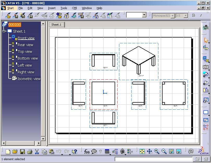 When you have transferred a CATDrawing from Teamcenter to CATIA V5 via the CMI RII application, the drawing will be displayed in CATIA V5 in a new window.