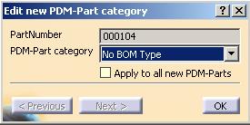 Figure 43: Edit new PDM-Part category dialog If the Synchronize button is pressed, the list of executable operations is worked through in the order shown on the screen.