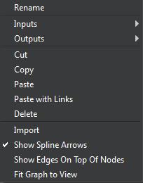 Right-clicking on top of a node in the graph displays a context menu that offers options specific to that node, such as rename and others related to the node s input and output channels.