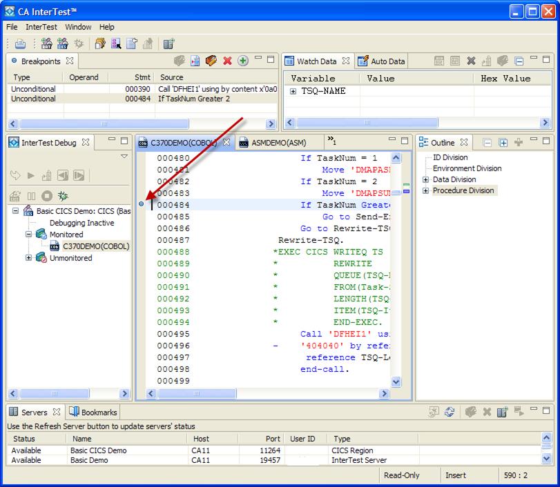 Electronic Software Delivery (ESD) If you have set one or more breakpoints for tracing the program, they are displayed as blue circles at the left margin of the individual program listing, as shown