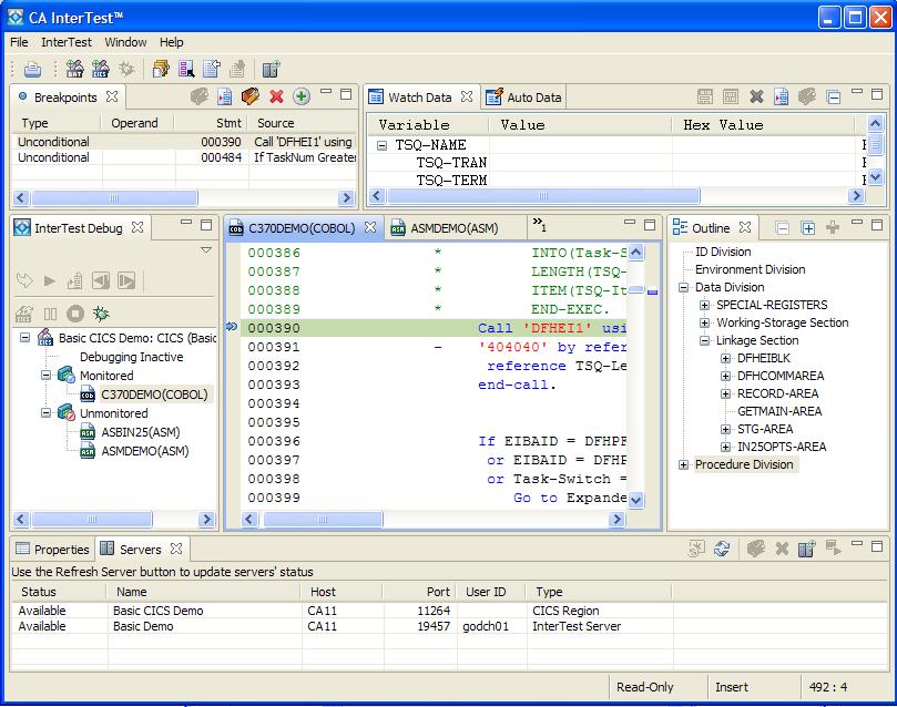 Main Window Main Window When you first open the new CA InterTest GUI, you will see a window, similar to the following screen: This window is composed of several views that provide all the functions