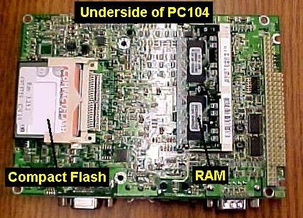 The underside of the PC104 Board houses the Compact Flash and the RAM. The Compact Flash holds all the Phoenix configuration settings including network settings.