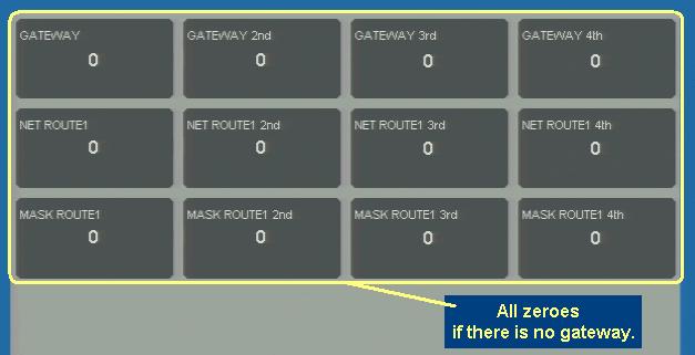 If your network requires a Gateway address, enter your Gateway here. NET ROUTE1 and MASK ROUTE1 are always all zeroes.