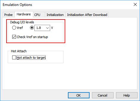 Setting Debug Interface Voltage Levels The voltage levels for the debug interface are configured within winidea via the menu option Hardware -> Emulation Options, selecting the Hardware tab in the