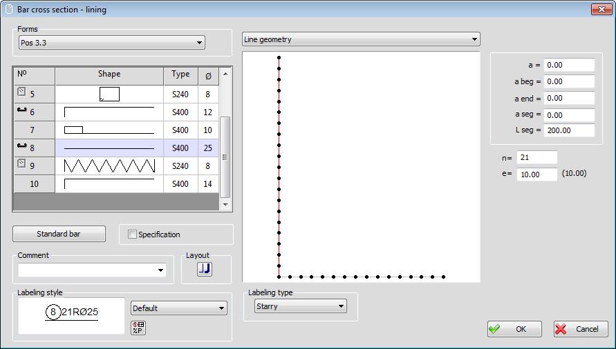 dialog for defining drawing layout of bars.