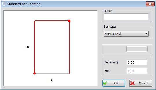 to easier define so called spacers. Dialog for defining standard bar parameters Bar type Beginning End Combo box for selecting bar type: Bars, Stirrups, Special (3D).