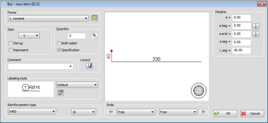 7 3. DRAWING BARS IN LONGITUDINAL LAYOUT 3.1 New bar - arbitrary Dialog box for defining numerical bar data This button opens a dialog for defining form items.