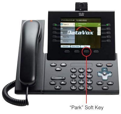 Parking a Call Parking a call allows the user to move to a different phone unit and continue an active call During a call, press the Park soft key and look for a 5 digit extension to appear on the