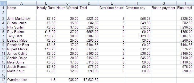 Click on the overtime pay for some of the other employees to see that while the hourly rate and overtime hours have copied relatively, the overtime rate is
