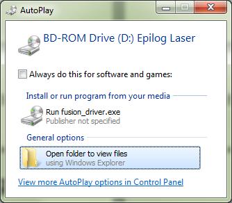 1. Insert the Epilog driver install disk into your computer. One of the following screens will appear. For the USB installation, you will want to close then.