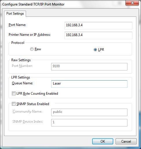 Select LPR and type in Laser into the Queue Name. Then, Click on OK. Set Protocol to LPR. This is a very important step.