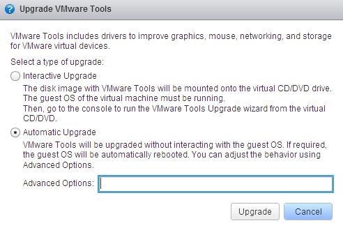 3. Click Guest OS, select Upgrade VMware Tls. The Upgrade VMware Tls dialg bx appears. 4. Select Autmatic Upgrade ptin. ATTENTION Ensure that Virtual Machines are pwered n befre the Autmatic upgrade.