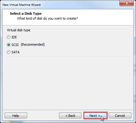 Depending on your VMWare Workstation version you may see this option: If shown, select SCSI as the disk type and