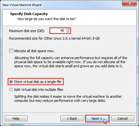Select SCSI as the Virtual disk type and press Next to continue. Enter 40 as the Maximum disk size this will give us two 20GB partitions on the appliance.