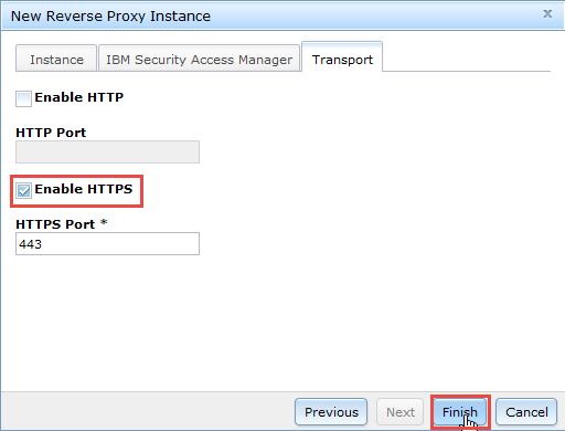 Click Next to progress to the next configuration panel. Select the checkbox for HTTPS and ensure the HTTPS Port is set to 443. Click Finish to create the Reverse Proxy instance.