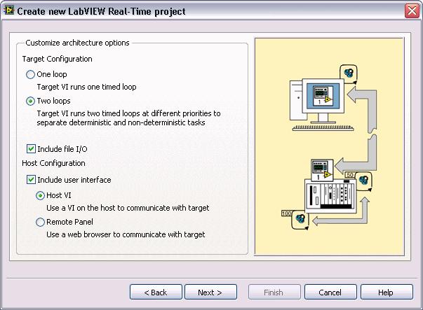 The Real-Time Project Wizard can provide a user interface for the real-time application using a VI running on the host computer or using a LabVIEW remote panel to connect to the RT target VI.