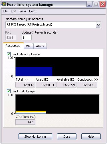 Figure 10 shows an RT target, RT PXI Target, using 14.1% of its CPU resources and 63,509.1 K of its memory resources. Viewing RT Target Errors Figure 10.
