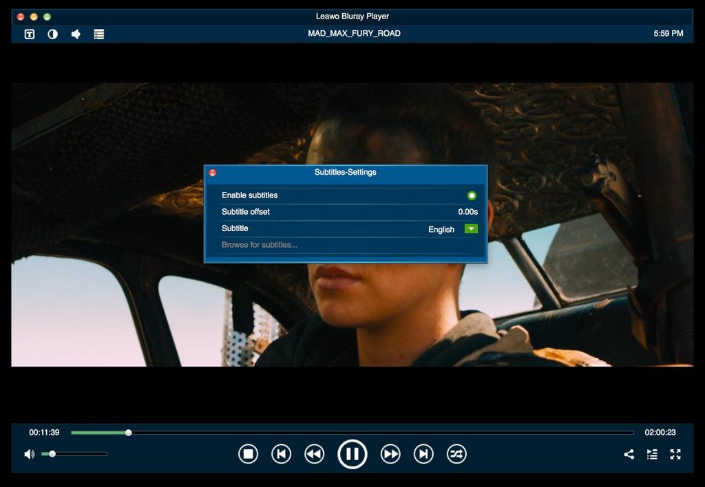 You could click to Enable subtitles, set Subtitle offset, choose Subtitles from source media files if available, and Browse for subtitles from local drive (this is not available for BD/DVD playback).