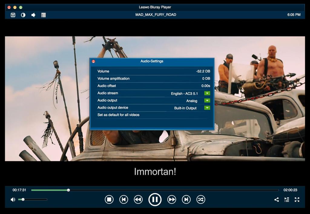 You could adjust audio Volume, Volume amplification, Audio offset, Audio stream, Audio output, Audio output device and Set as default for all videos.