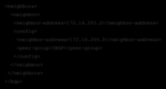 OpenConfig BGP Configuration Example (4/4) <neighbors> <neighbor> <neighbor-address>172.16.255.