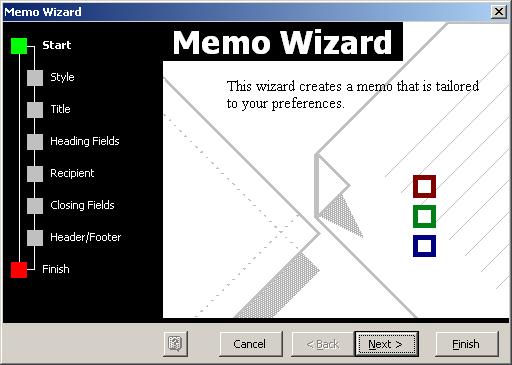 The new document dialog box shown below will open. If you choose the Memo Wizard, Word will ask you for various pieces of information in order to build up your document.