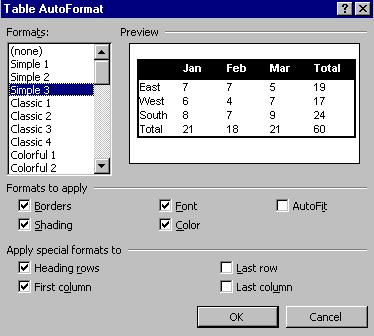 12.8 Table AutoFormat At the stage where you open the Insert Table dialog box and are selecting columns and rows (as illustrated earlier in this section) there is a Table AutoFormat