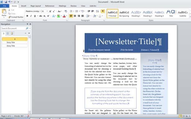 You will see a newsletter document, based on the newsletter template that you selected, as illustrated. You could then fill-in the details on your newsletter as required.