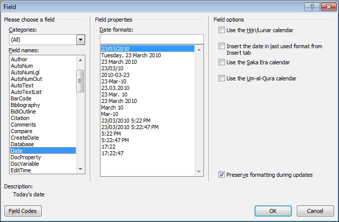 This will display the Field dialog box. This allows you insert a wide range of fields. In this case, select Date, as illustrated. Click on the OK button.