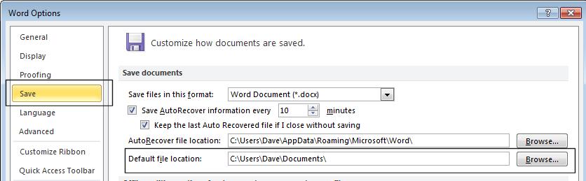 This folder will also be used as the default folder location when saving new documents. Click on the Browse button and set this default folder to the folder containing your sample files (i.e. the Word 2010 Basics folder).