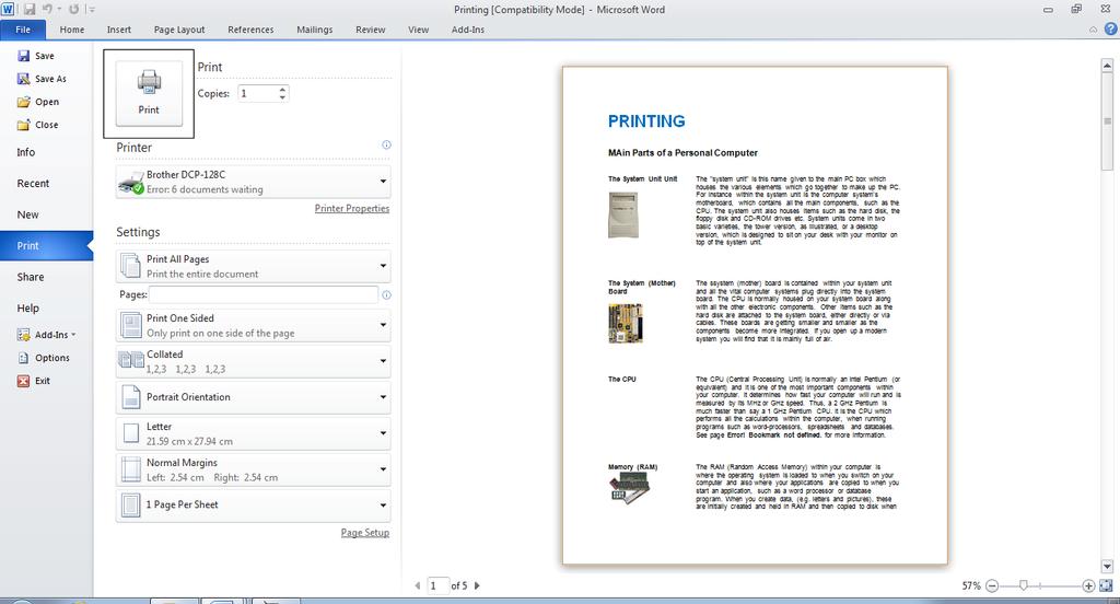 Previewing and printing a document Click on the File tab