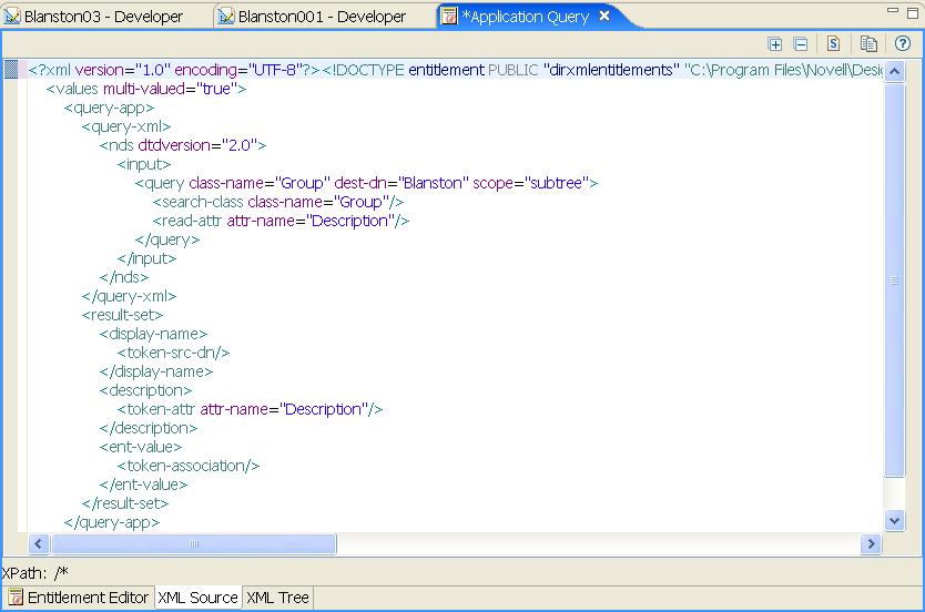 Using the XML Source and XML Tree Views 1 From the Outline view, right-click an entitlement that appears under the Subscriber channel of the selected driver, then click Edit.